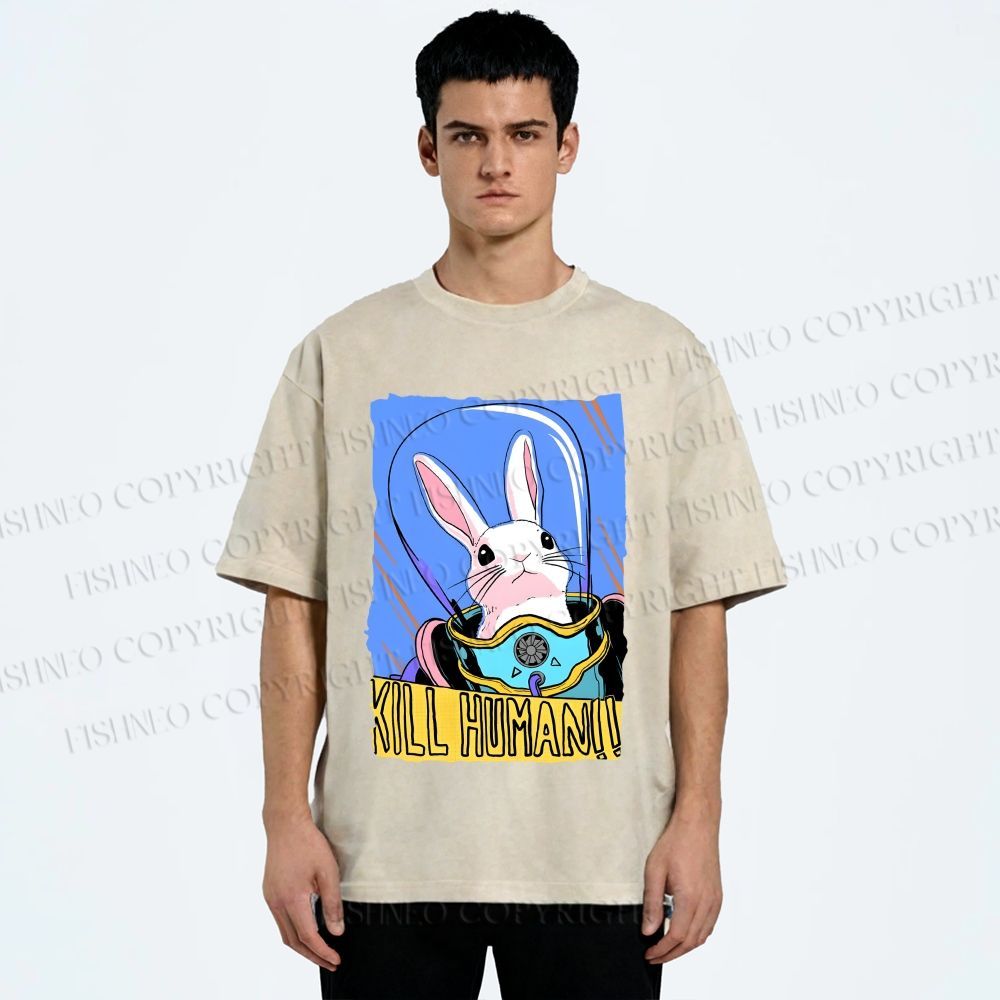 Unisex Astronaut Rabbit Kill Human Printed Washed Tee