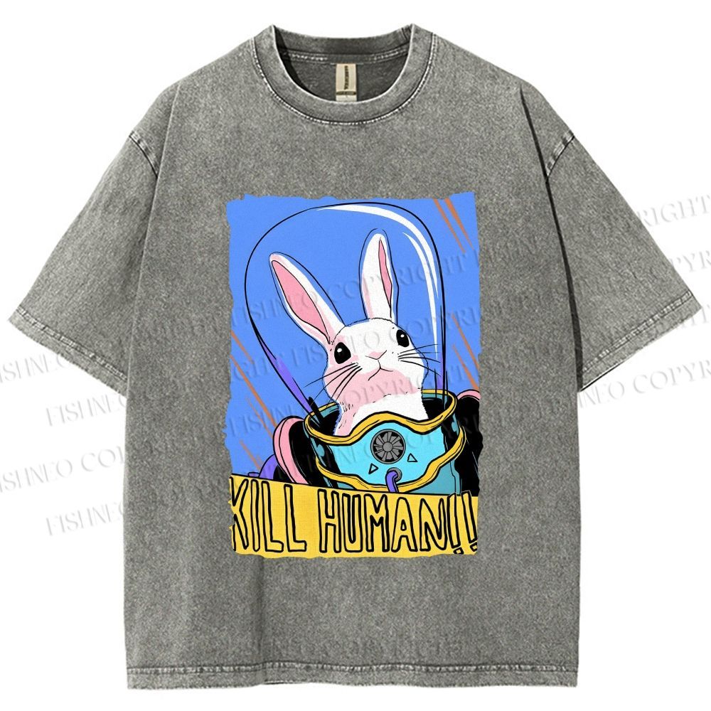 Unisex Astronaut Rabbit Kill Human Printed Washed Tee
