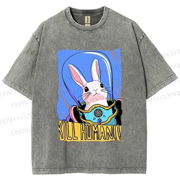 Unisex Astronaut Rabbit Kill Human Printed Washed Tee