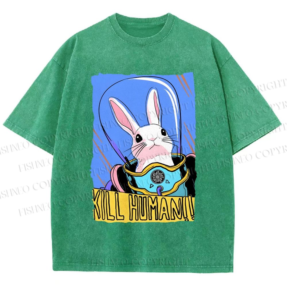 Unisex Astronaut Rabbit Kill Human Printed Washed Tee