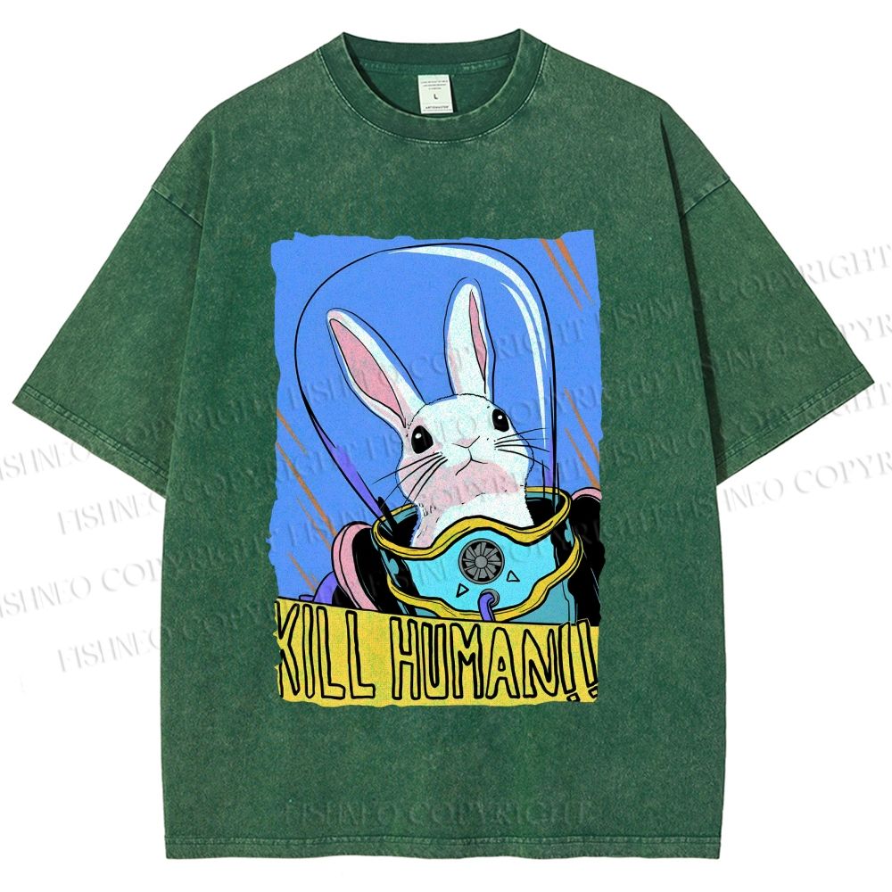 Unisex Astronaut Rabbit Kill Human Printed Washed Tee