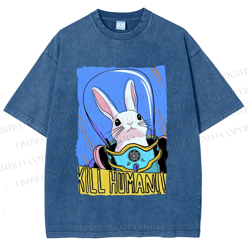 Unisex Astronaut Rabbit Kill Human Printed Washed Tee