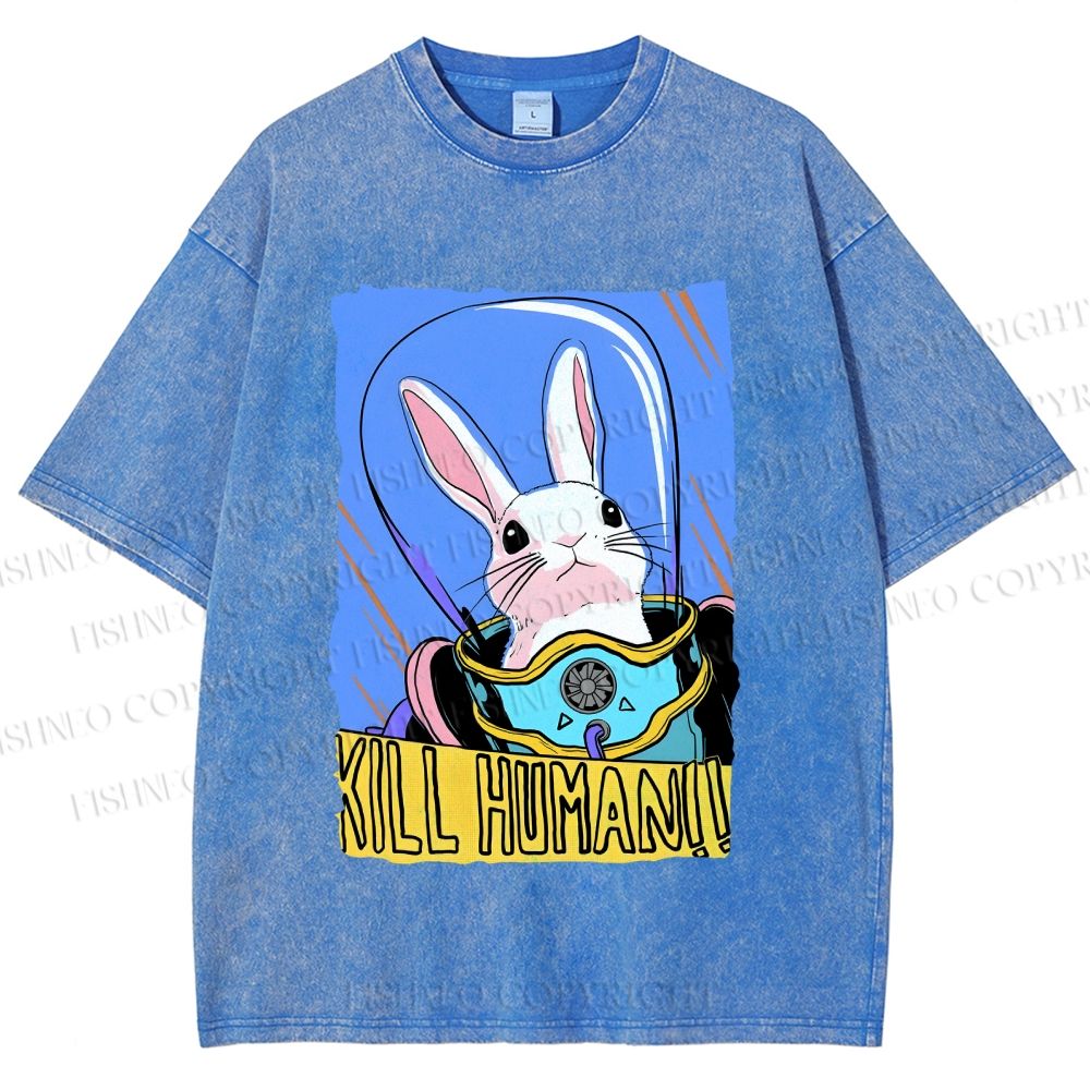 Unisex Astronaut Rabbit Kill Human Printed Washed Tee