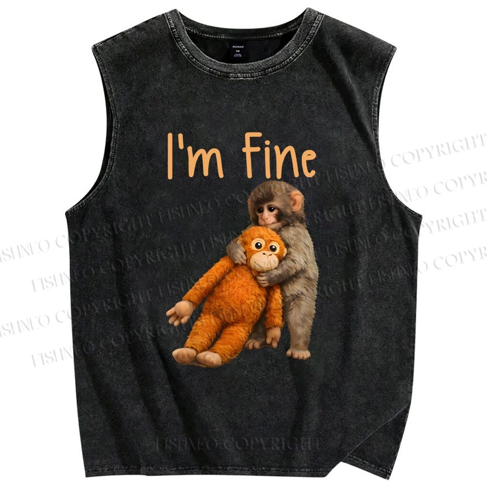 Unisex I'm Fine Baby Monkey Punch Printed Washed Tank Top