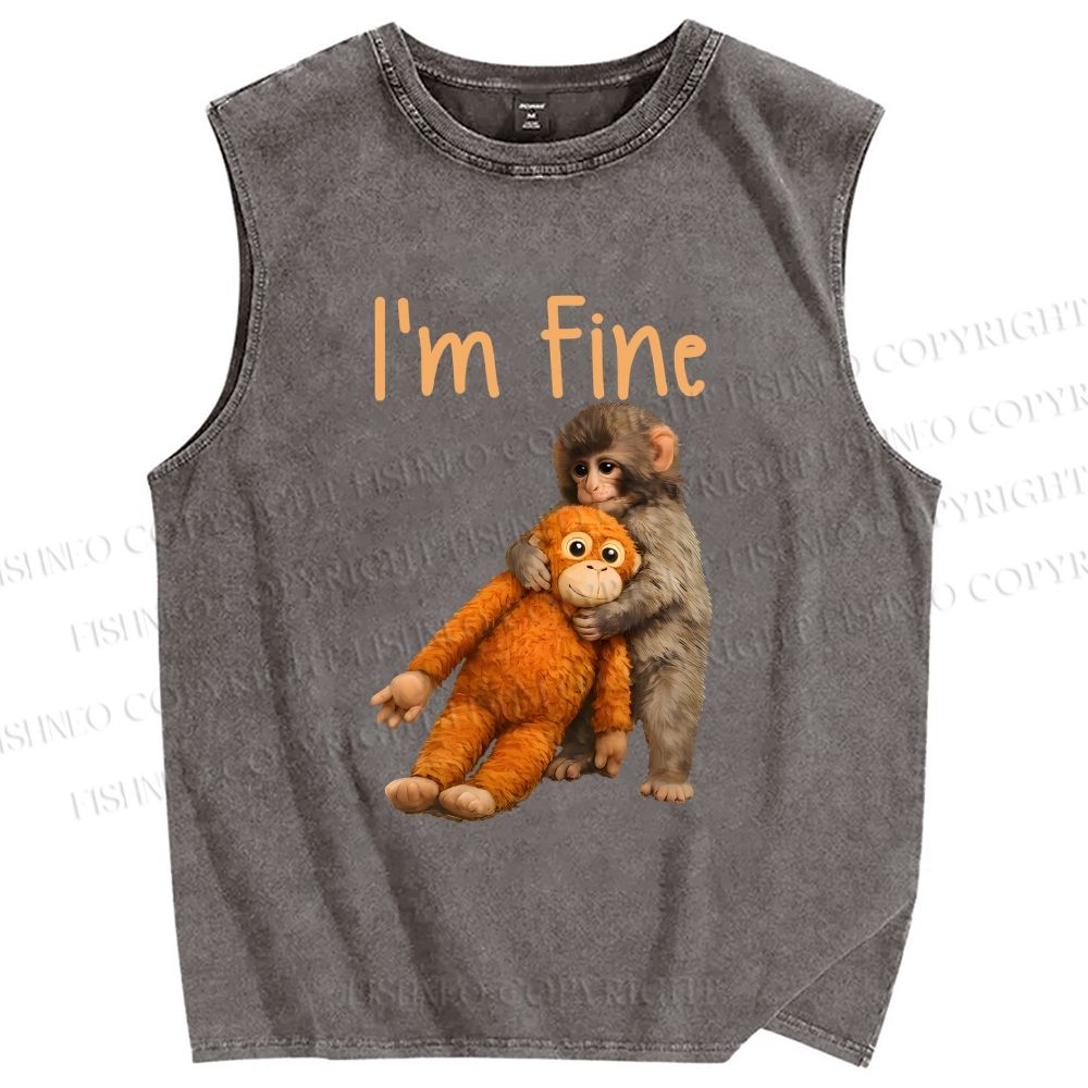 Unisex I'm Fine Baby Monkey Punch Printed Washed Tank Top