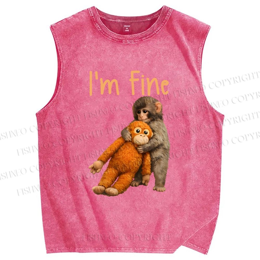 Unisex I'm Fine Baby Monkey Punch Printed Washed Tank Top