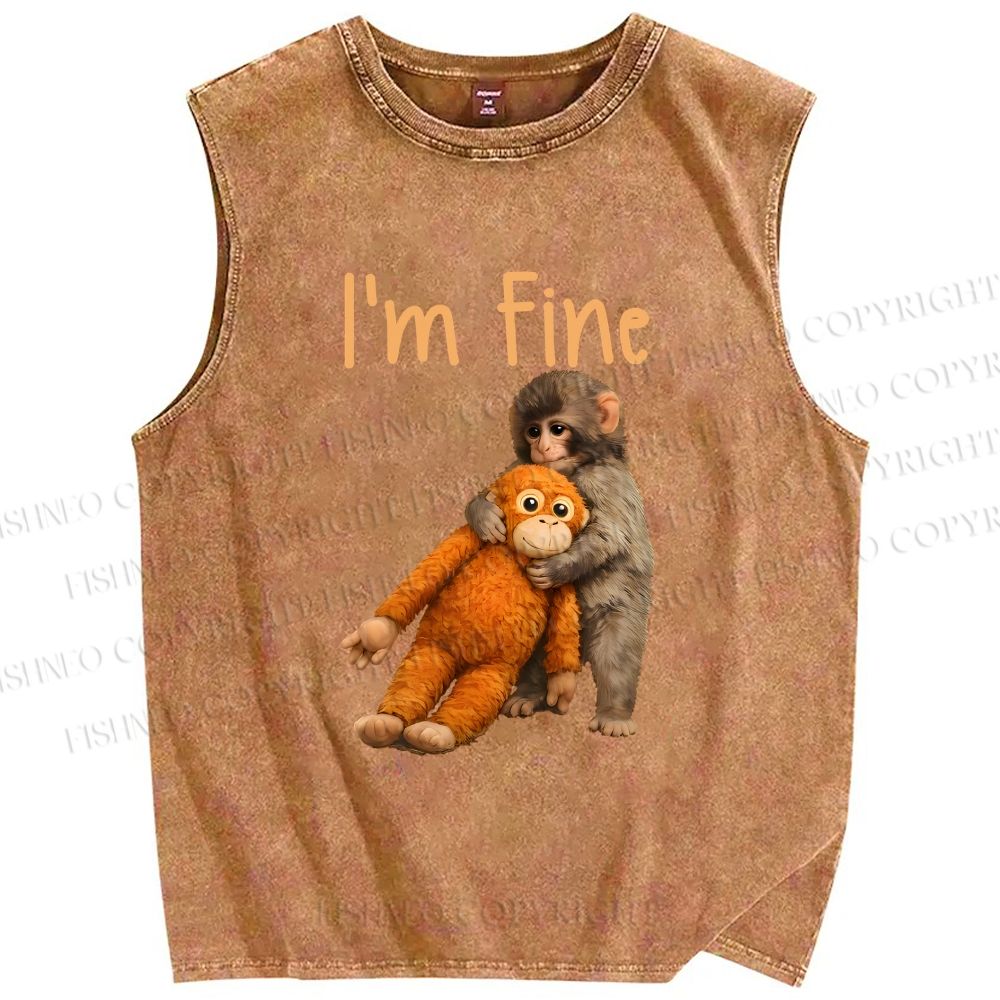 Unisex I'm Fine Baby Monkey Punch Printed Washed Tank Top
