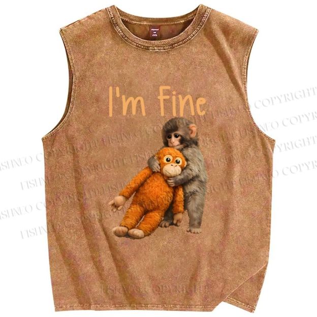 Unisex I'm Fine Baby Monkey Punch Printed Washed Tank Top