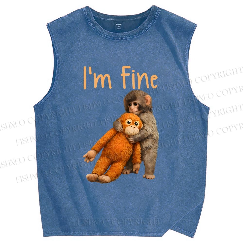 Unisex I'm Fine Baby Monkey Punch Printed Washed Tank Top
