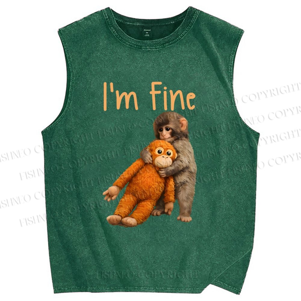 Unisex I'm Fine Baby Monkey Punch Printed Washed Tank Top