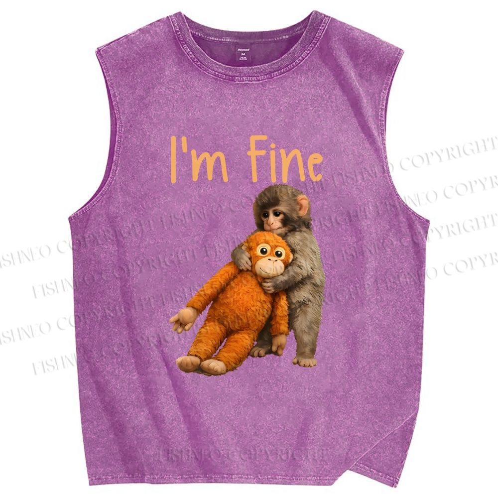 Unisex I'm Fine Baby Monkey Punch Printed Washed Tank Top