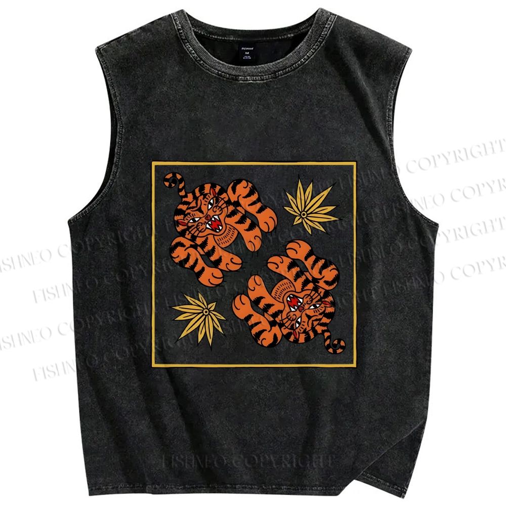 Unisex Two Funny Tigers Printed Washed Tank Top