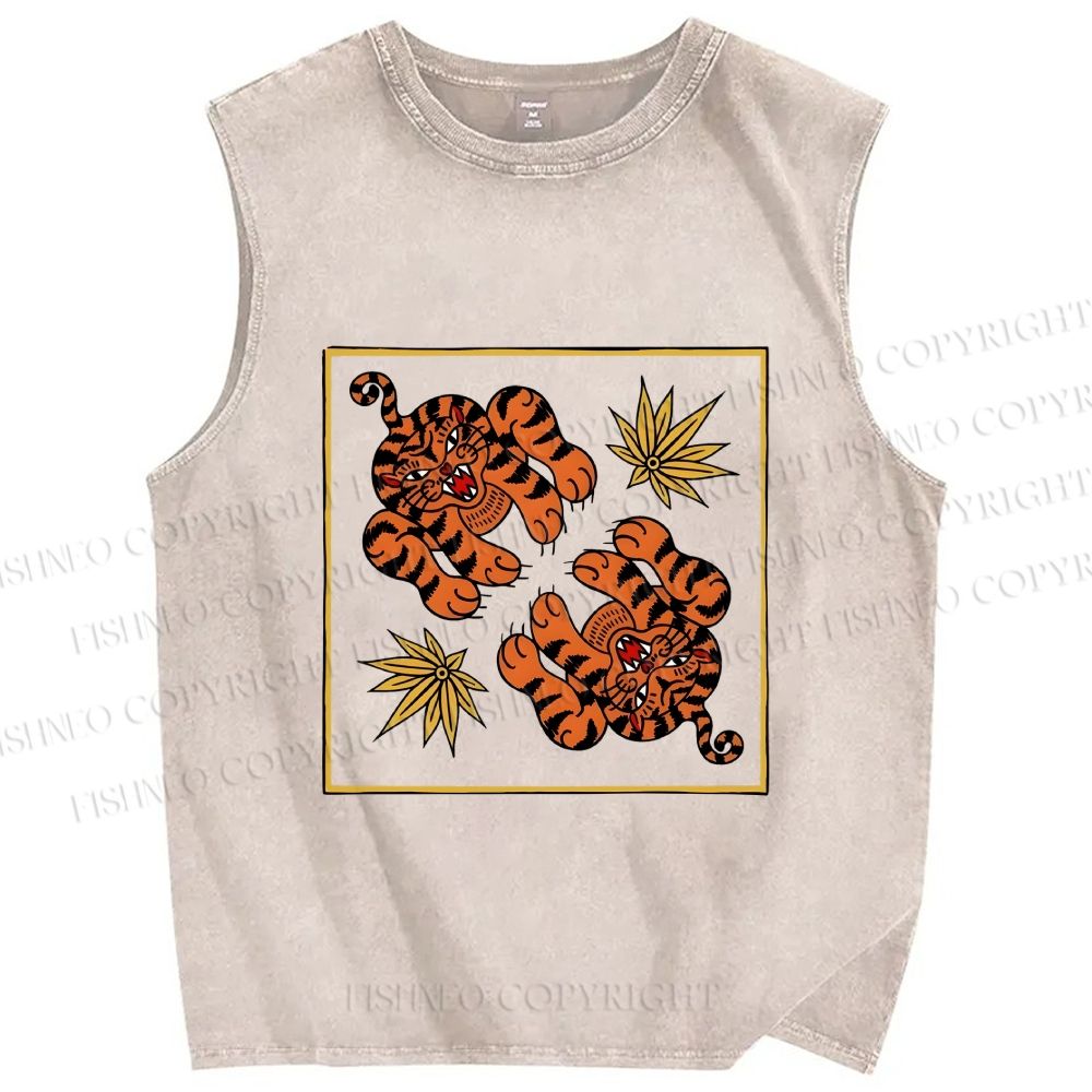 Unisex Two Funny Tigers Printed Washed Tank Top