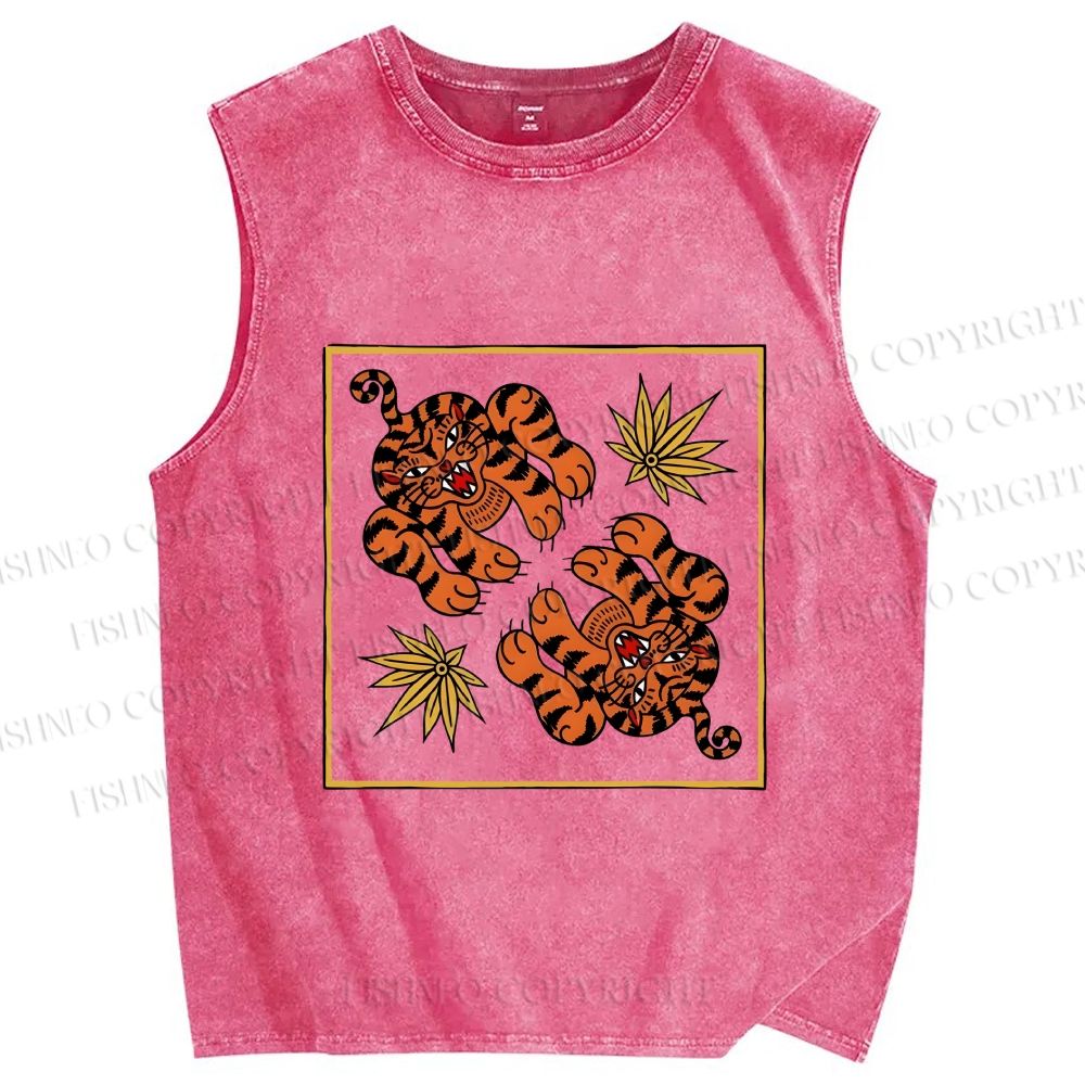 Unisex Two Funny Tigers Printed Washed Tank Top