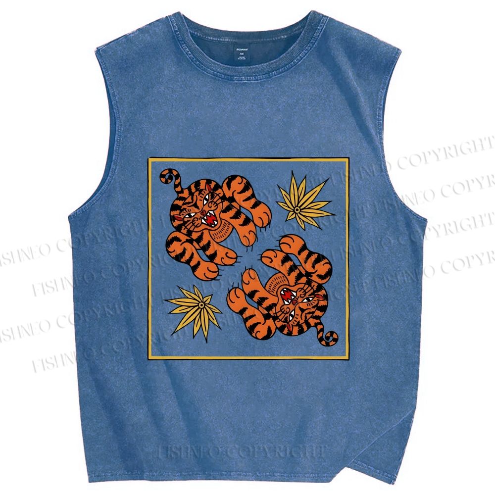 Unisex Two Funny Tigers Printed Washed Tank Top