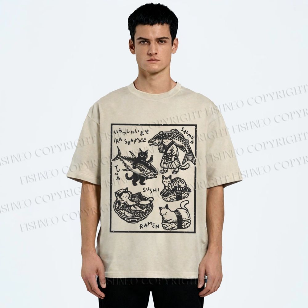 Unisex Japanese Vintage Cats Printed Washed Tee