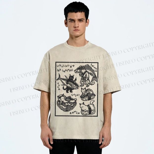 Unisex Japanese Vintage Cats Printed Washed Tee