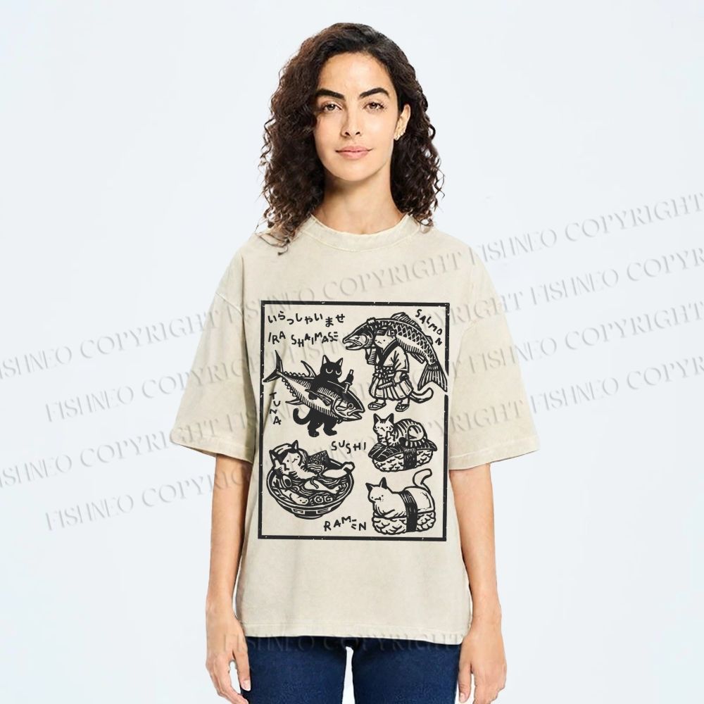 Unisex Japanese Vintage Cats Printed Washed Tee