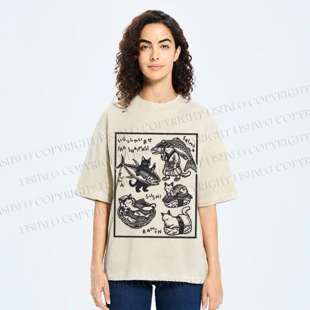 Unisex Japanese Vintage Cats Printed Washed Tee