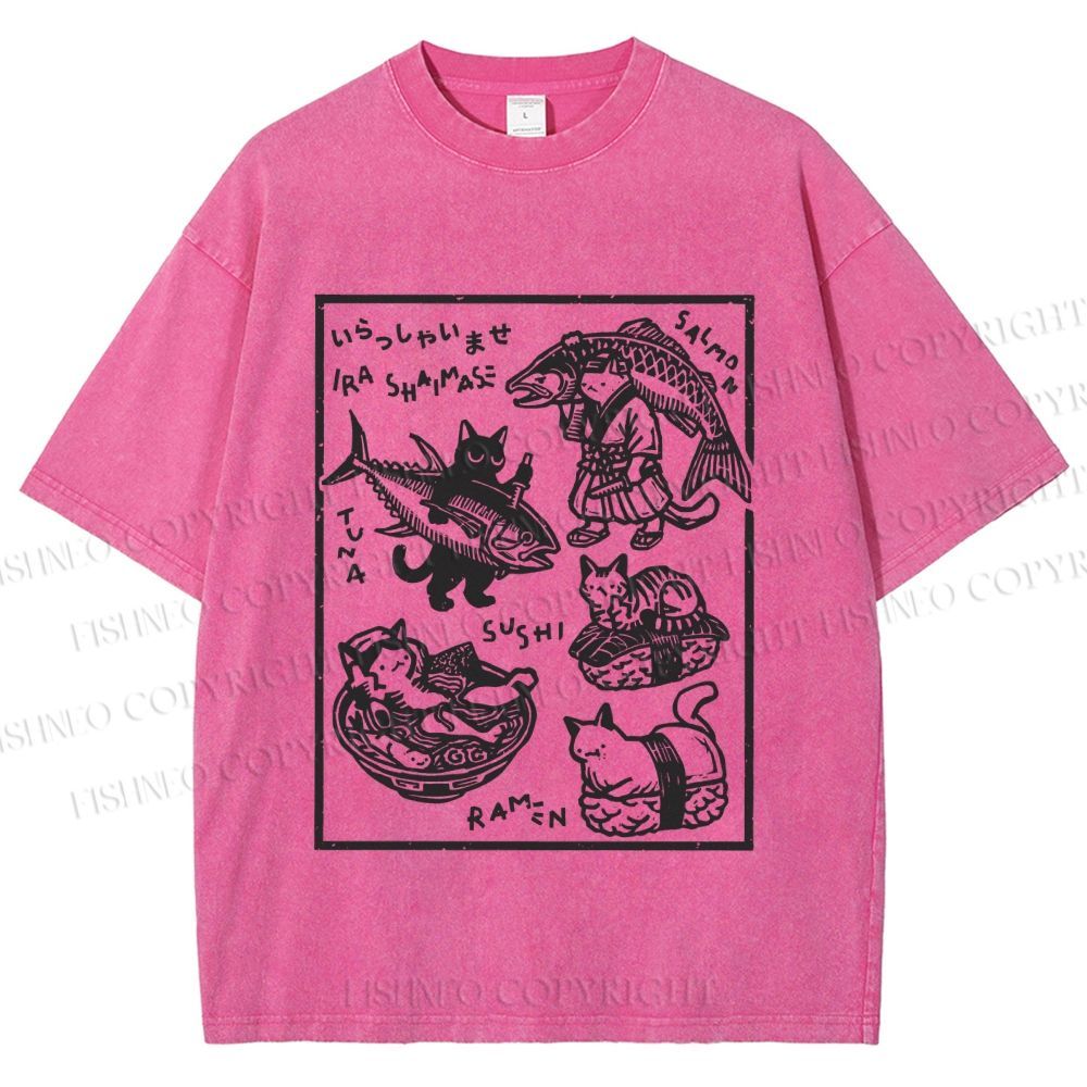 Unisex Japanese Vintage Cats Printed Washed Tee