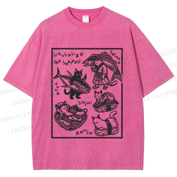 Unisex Japanese Vintage Cats Printed Washed Tee