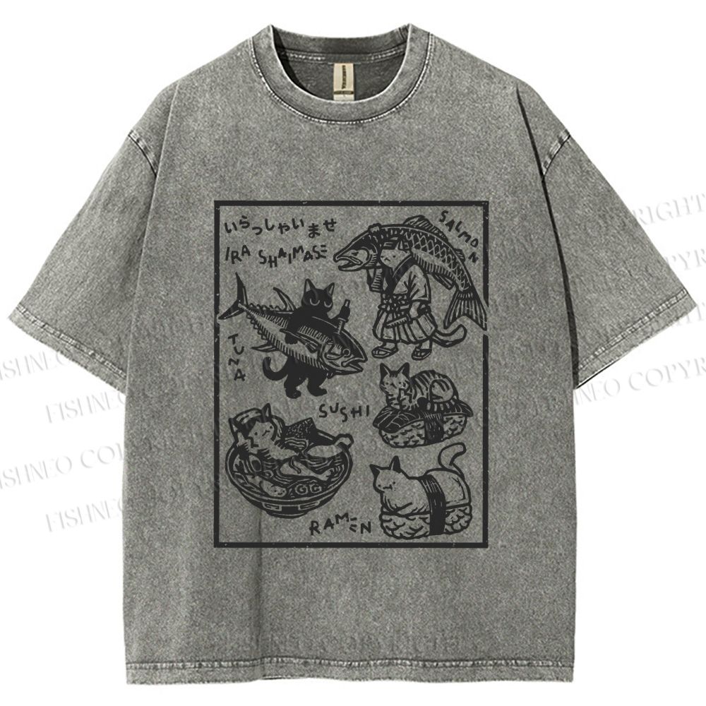 Unisex Japanese Vintage Cats Printed Washed Tee