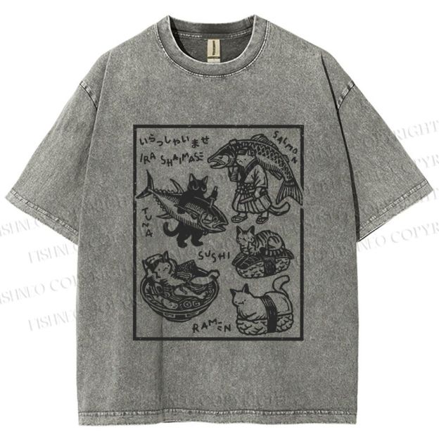 Unisex Japanese Vintage Cats Printed Washed Tee