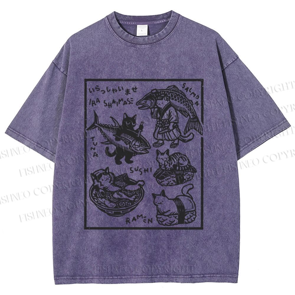 Unisex Japanese Vintage Cats Printed Washed Tee