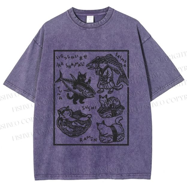 Unisex Japanese Vintage Cats Printed Washed Tee