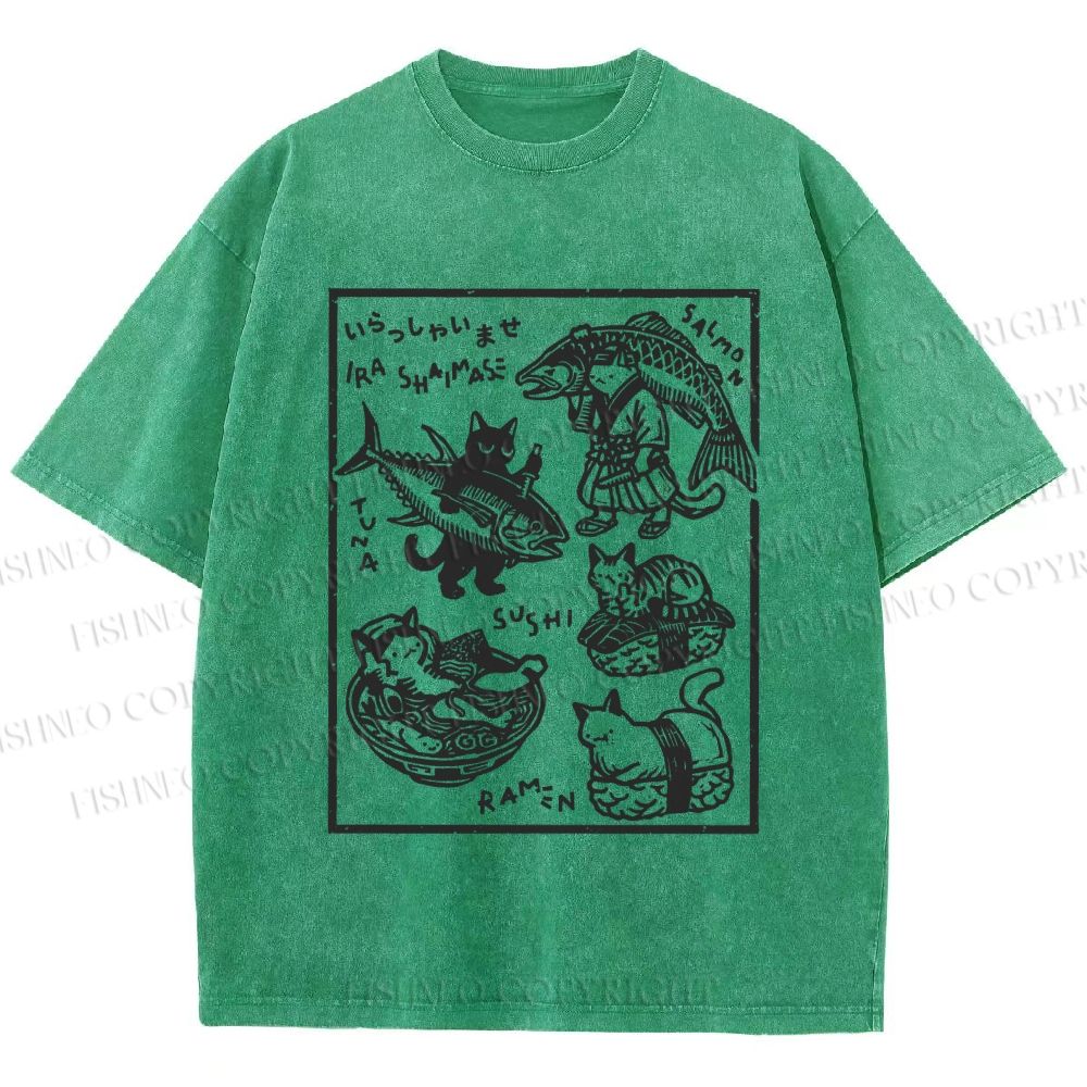Unisex Japanese Vintage Cats Printed Washed Tee
