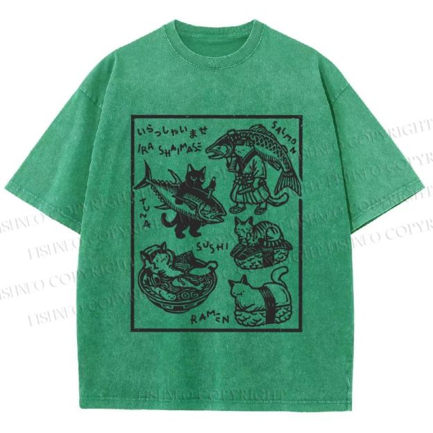 Unisex Japanese Vintage Cats Printed Washed Tee