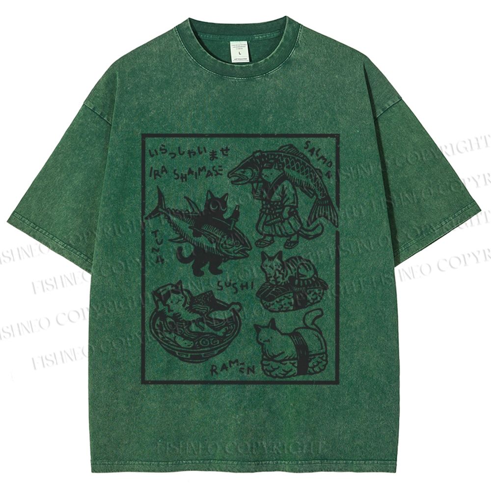 Unisex Japanese Vintage Cats Printed Washed Tee