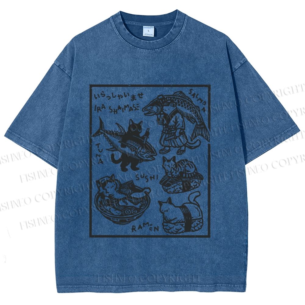 Unisex Japanese Vintage Cats Printed Washed Tee