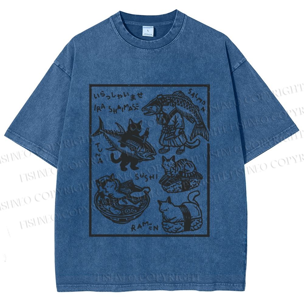 Unisex Japanese Vintage Cats Printed Washed Tee