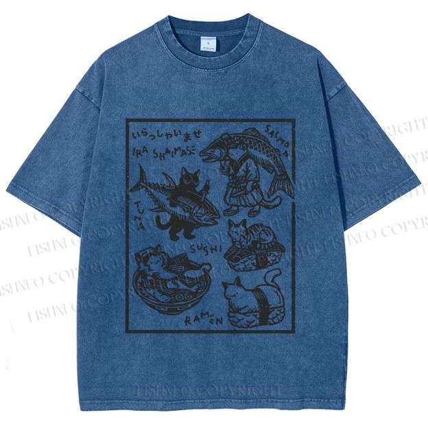 Unisex Japanese Vintage Cats Printed Washed Tee