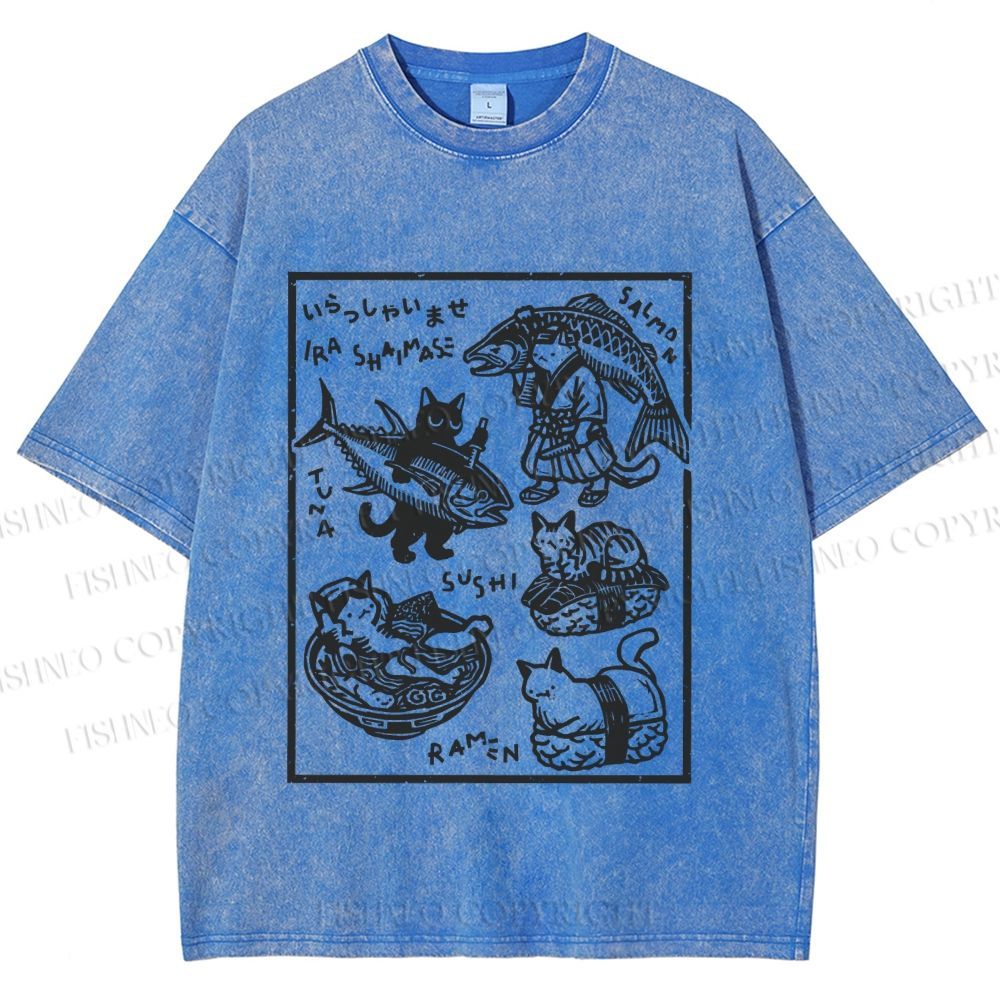Unisex Japanese Vintage Cats Printed Washed Tee