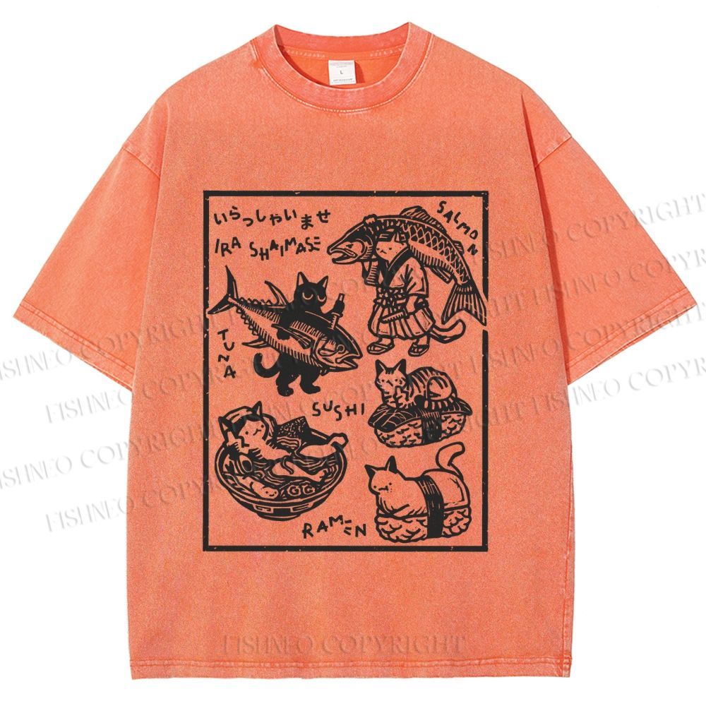 Unisex Japanese Vintage Cats Printed Washed Tee