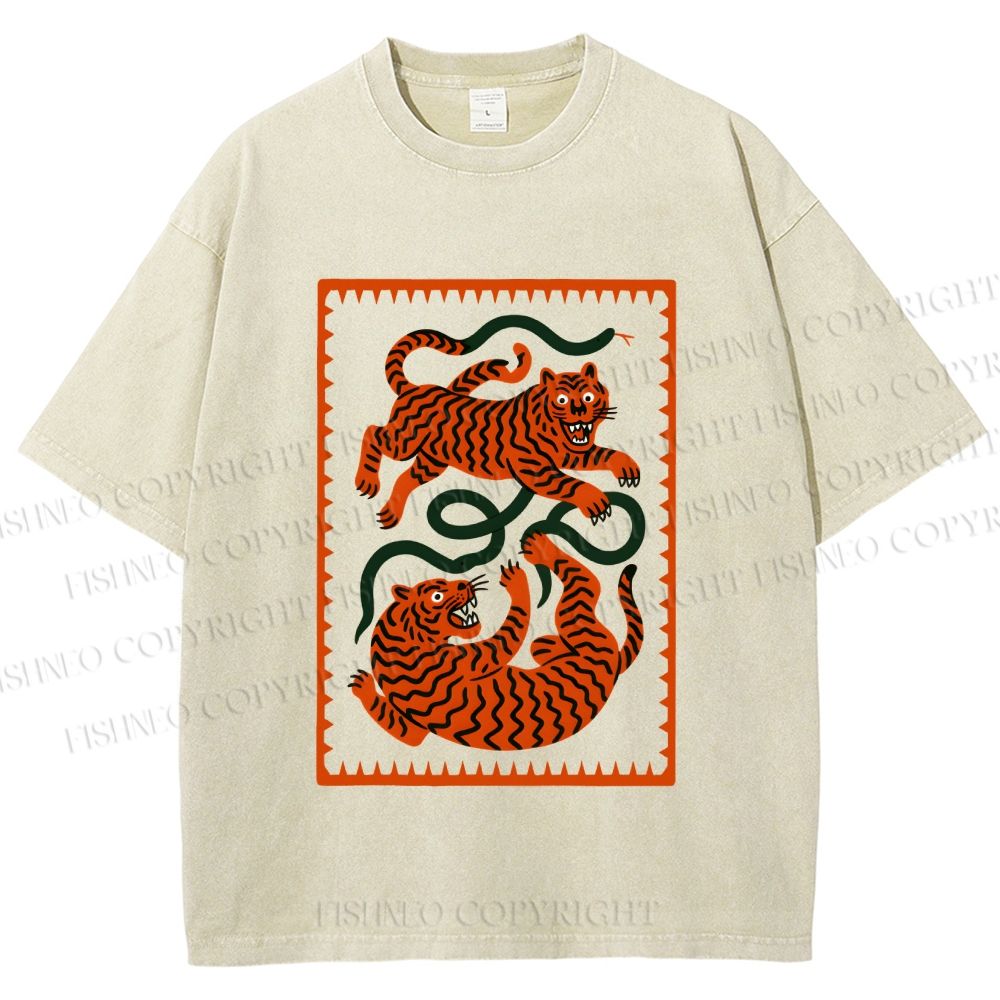 Unisex Silly Tiger Printed Washed Tee