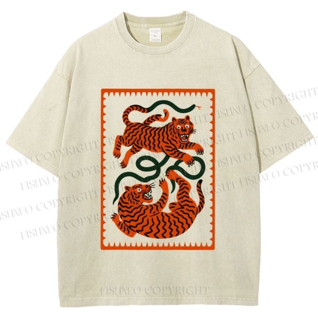 Unisex Silly Tiger Printed Washed Tee