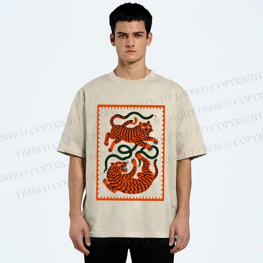 Unisex Silly Tiger Printed Washed Tee