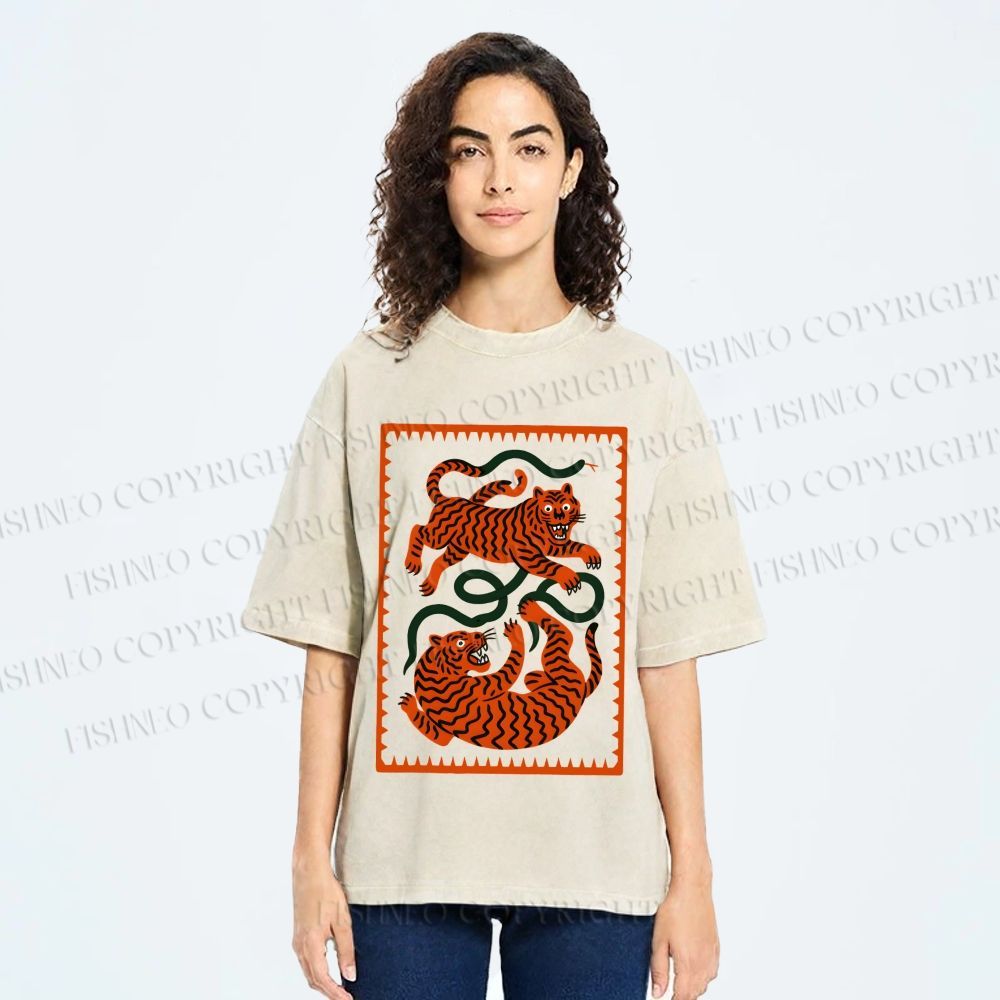 Unisex Silly Tiger Printed Washed Tee