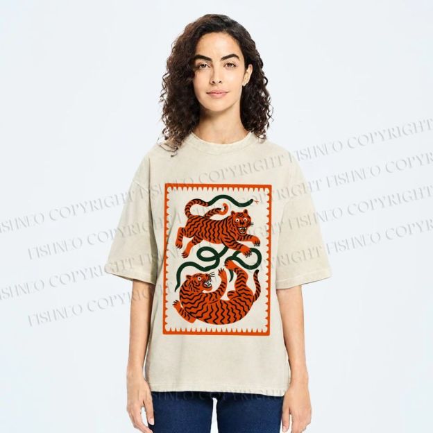 Unisex Silly Tiger Printed Washed Tee