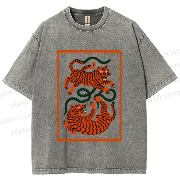 Unisex Silly Tiger Printed Washed Tee