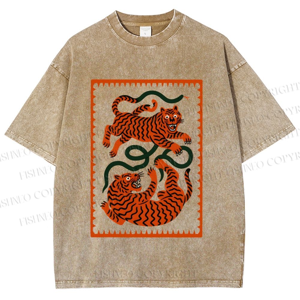Unisex Silly Tiger Printed Washed Tee