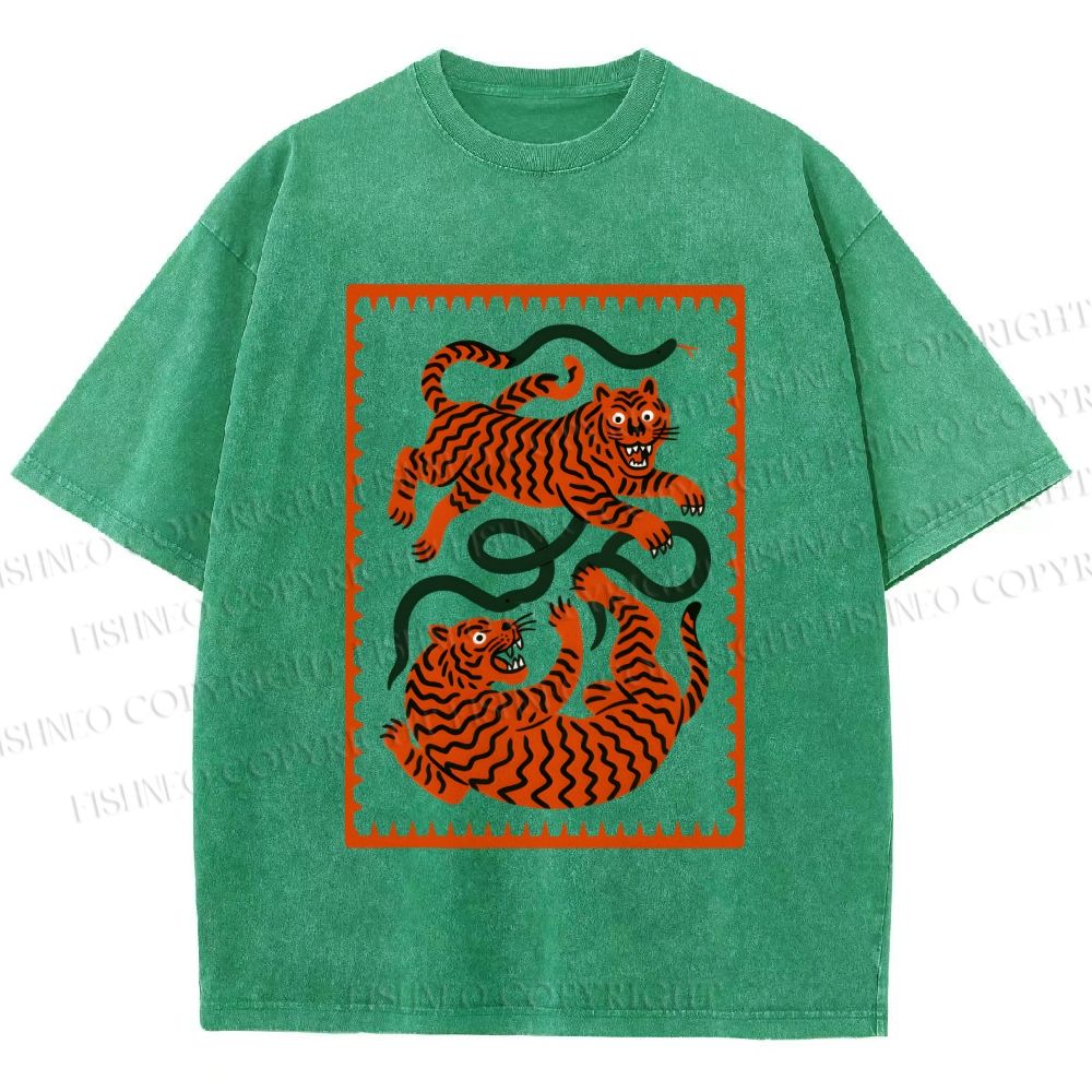 Unisex Silly Tiger Printed Washed Tee