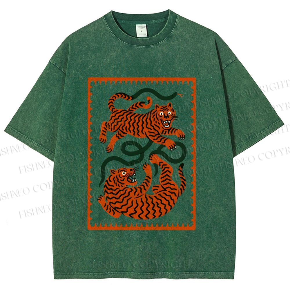 Unisex Silly Tiger Printed Washed Tee