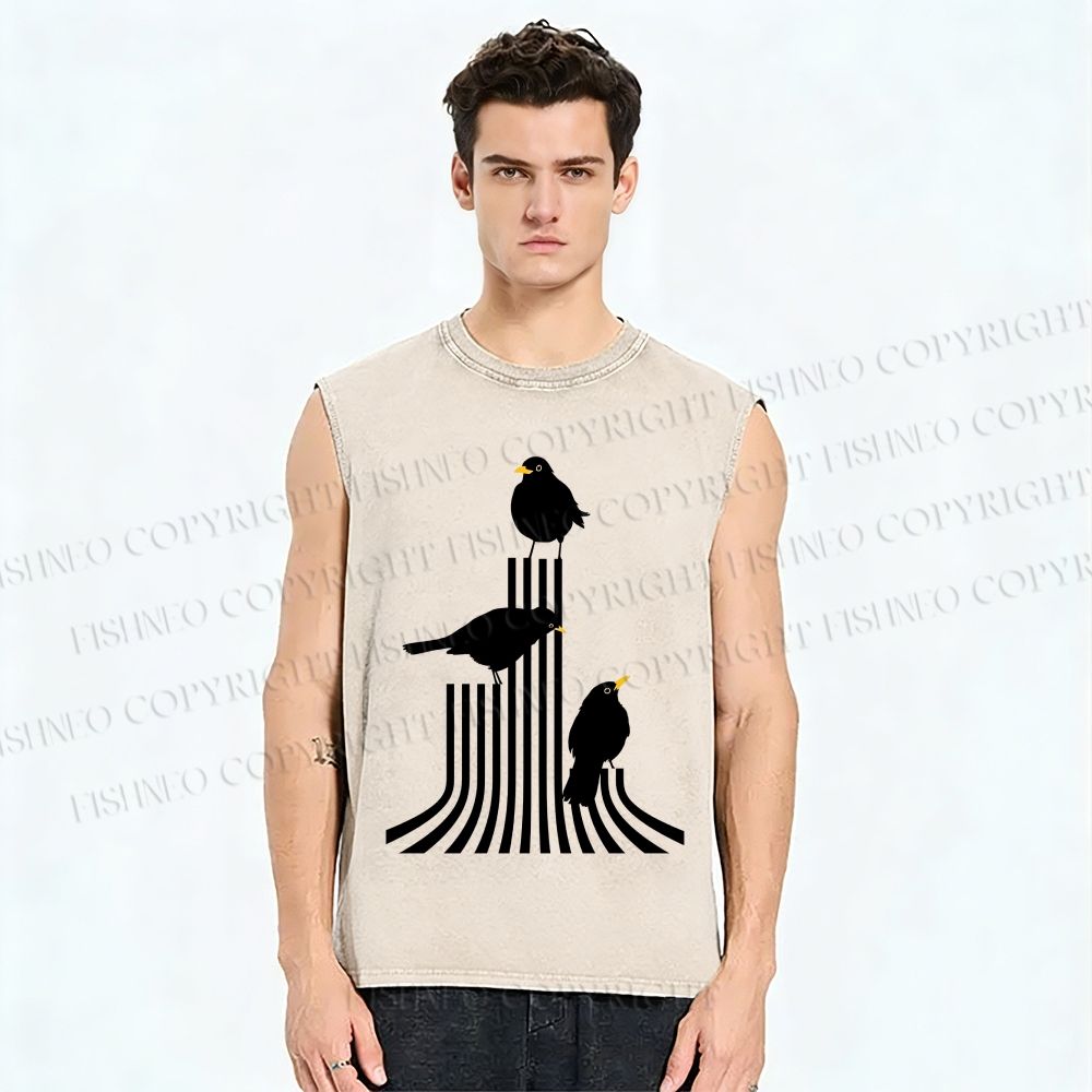 Unisex Line Bird Printed Washed Tank Top