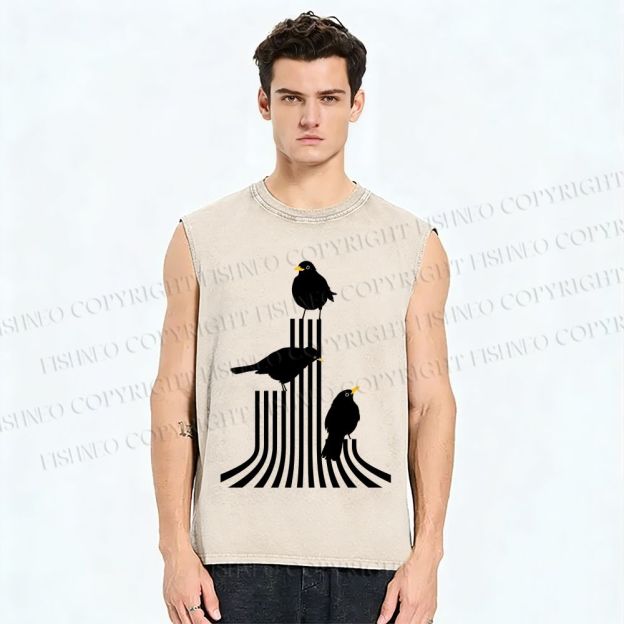 Unisex Line Bird Printed Washed Tank Top