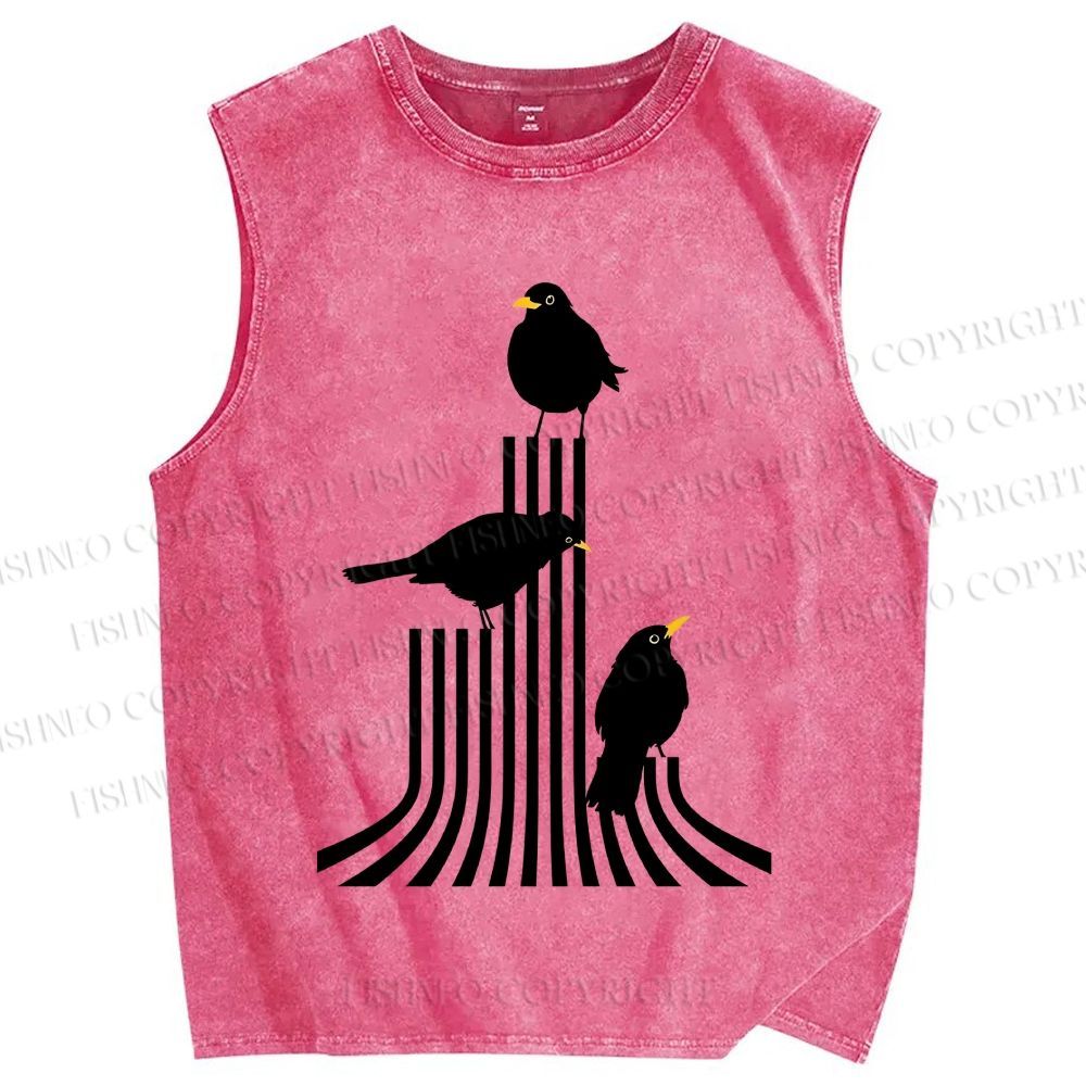 Unisex Line Bird Printed Washed Tank Top