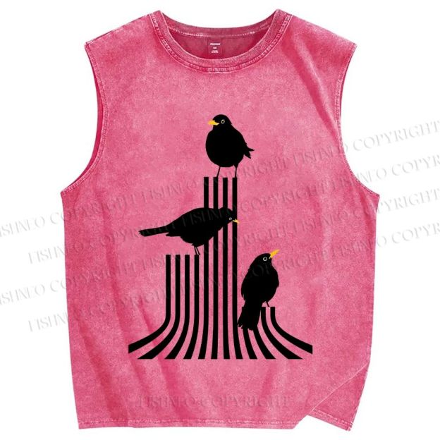 Unisex Line Bird Printed Washed Tank Top